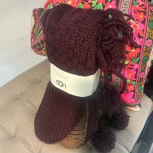 UGG Maroon Knit Slippers with Pom Poms